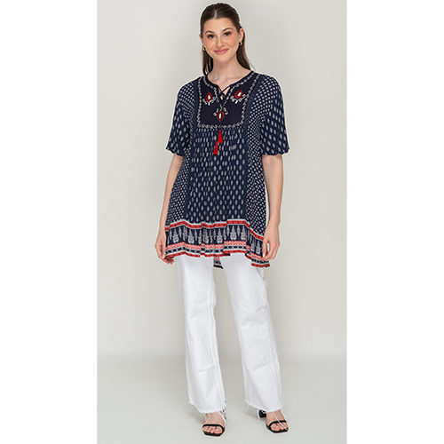 Sleeve Less Navy Blue Printed Tunic Dress For Women