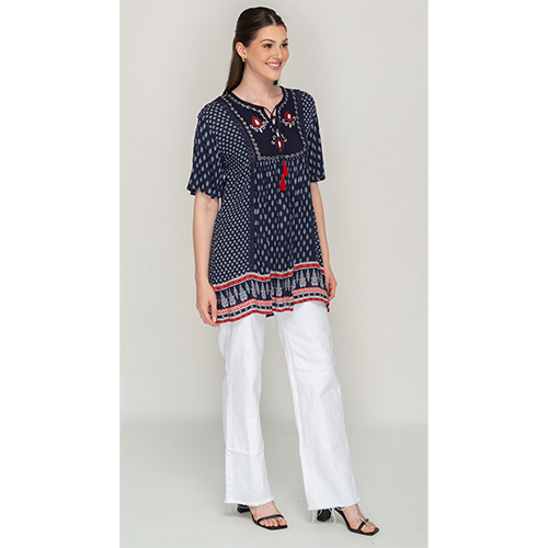 Sleeve Less Navy Blue Printed Tunic Dress For Women