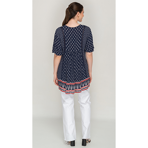 Sleeve Less Navy Blue Printed Tunic Dress For Women