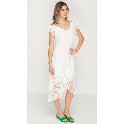 Sleeveless Lace White Colored Long Dress With Round Neck For Womens