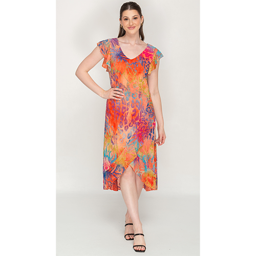 Multicolour, Flutter Sleeves, V Neck Dress For Womens - Nikky Apparels