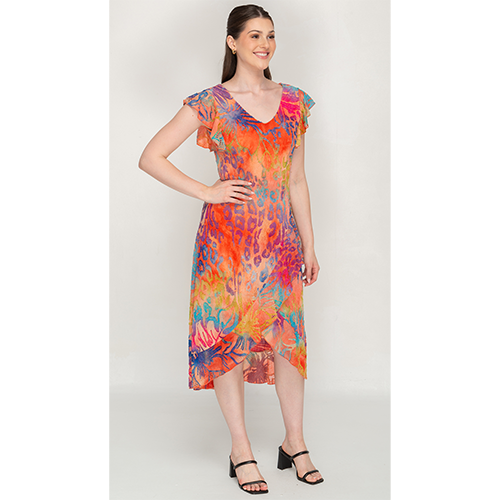 Multicolour, Flutter Sleeves, V Neck Dress For Womens - Nikky Apparels