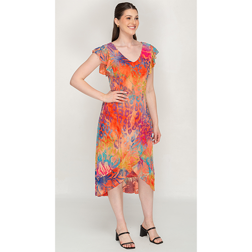 Multicolour, Flutter Sleeves, V Neck Dress For Womens