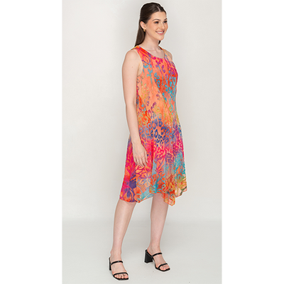 Multicolour Printed Sleeveless Short Dress With Round Neck For Womens
