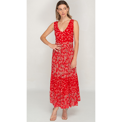 Sleeve Less Semi Long Red Printed Dress For Women