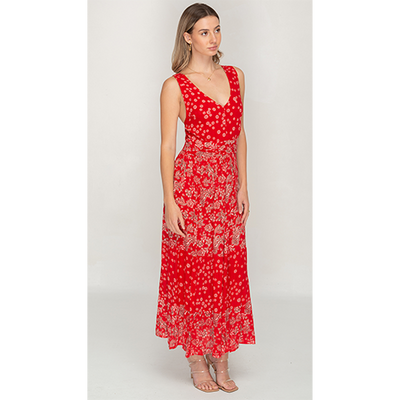 Sleeve Less Semi Long Red Printed Dress For Women