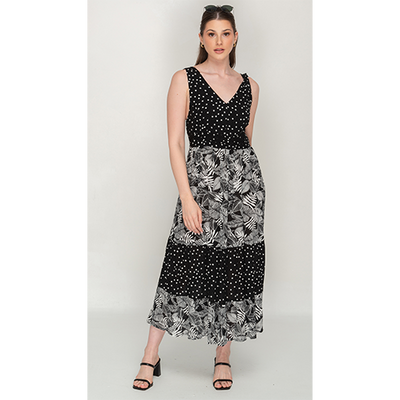 Sleeve Less Semi Long Sun Boho Dress in Black & White Print For Women