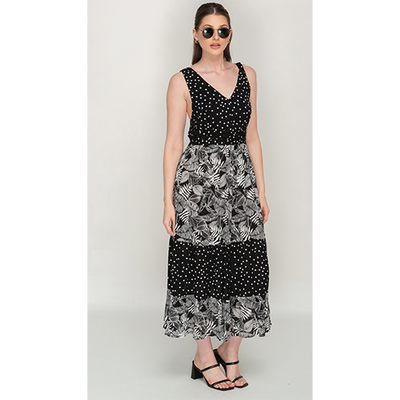 Sleeve Less Semi Long Sun Boho Dress in Black & White Print For Women