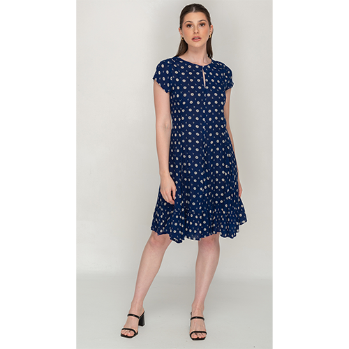 Short Sleeve Semi Long Blue Printed Dress For Women