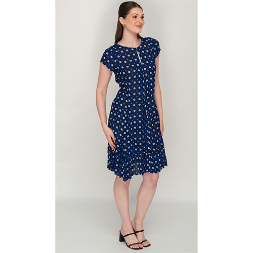 Short Sleeve Semi Long Blue Printed Dress For Women