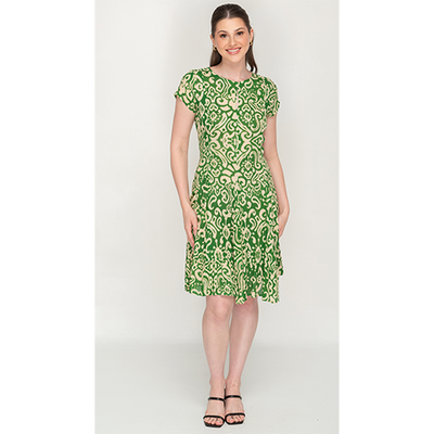 Short Sleeve Semi Long Green Printed Dress For Women
