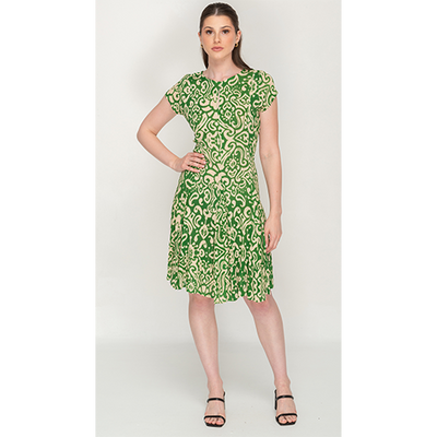 Short Sleeve Semi Long Green Printed Dress For Women