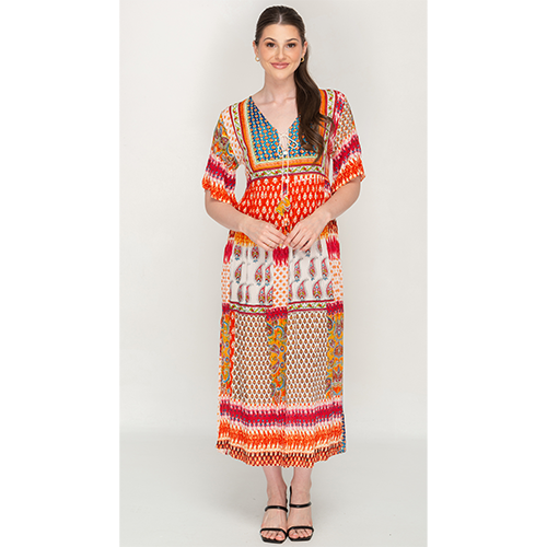 Half Sleeve Colorful Printed Tassel Tie Dress For Women
