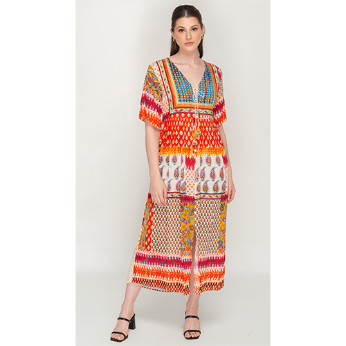 Half Sleeve Colorful Printed Tassel Tie Dress For Women