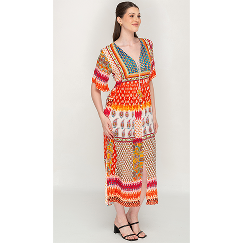 Half Sleeve Colorful Printed Tassel Tie Dress For Women