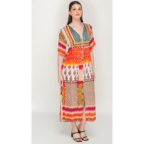 Half Sleeve Colorful Printed Tassel Tie Dress For Women