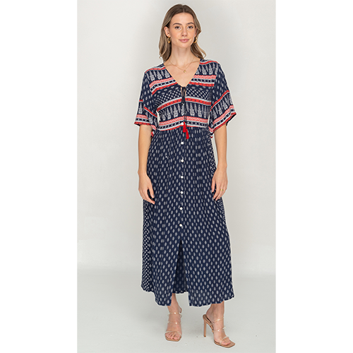 Front Open Navy Blue Long Printed Dress For Women