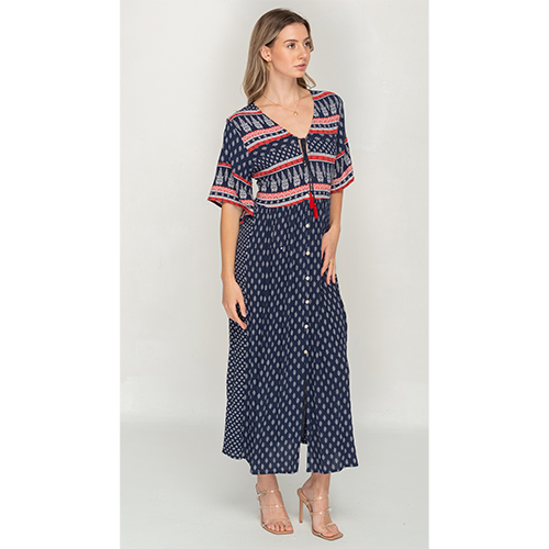 Front Open Navy Blue Long Printed Dress For Women
