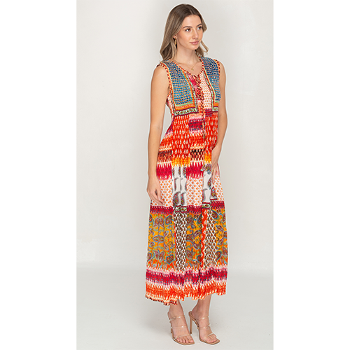 Sleeve Less Multi Color Printed Long Dress for Women