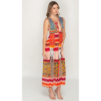 Sleeve Less Multi Color Printed Long Dress for Women
