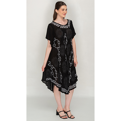 Black Printed Umbrella Dress with Short Sleeves for Women
