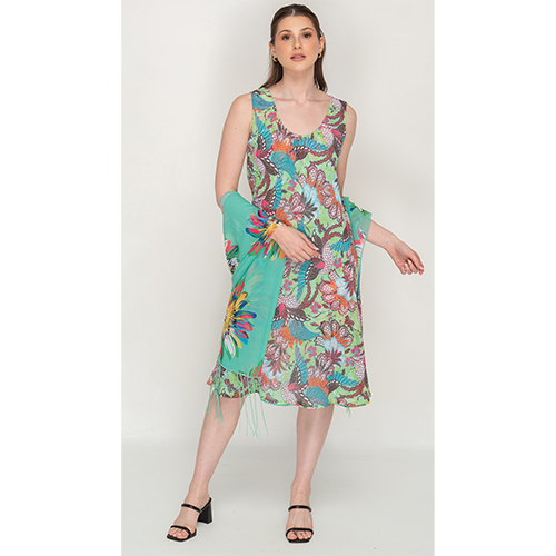 Printed Cyan Color Sleeve Less Semi Long Dress For Women