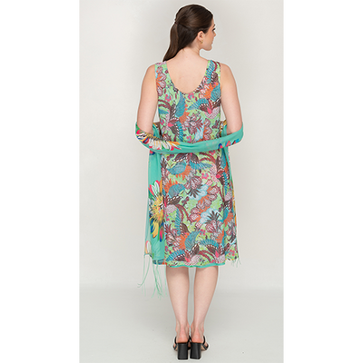 Printed Cyan Color Sleeve Less Semi Long Dress For Women