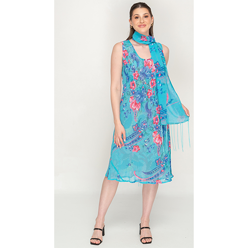 Sleeve Less Semi Long Blue Print 2 in 1 Reversible Dress For Women
