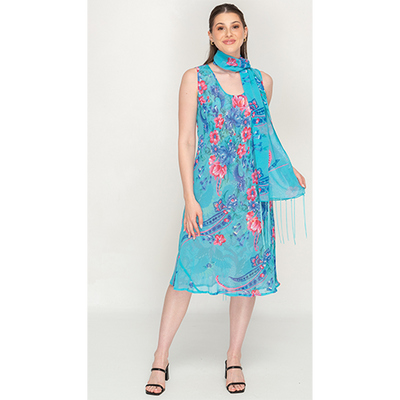 Sleeve Less Semi Long Blue Print 2 in 1 Reversible Dress For Women