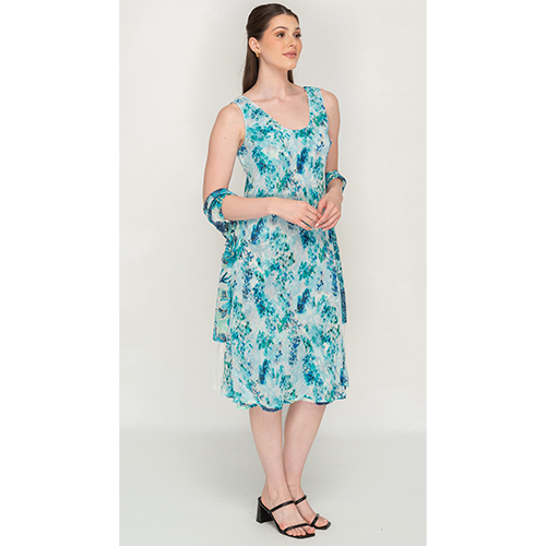 Sleeve Less Semi Long Blue Printed 2 in 1 Reversible Dress For Women