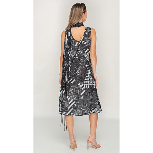 Sleeve Less Semi Long Black Printed 2 in 1 Reversible Dress For Women