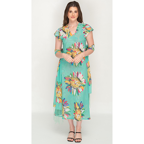 Sleeve Less Semi Long Green Floral Print 2 in 1 Reversible Dress For Women