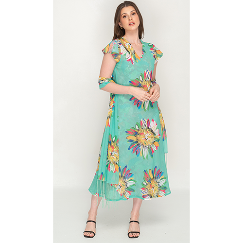 Sleeve Less Semi Long Green Floral Print 2 in 1 Reversible Dress For Women