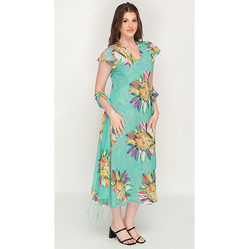 Sleeve Less Semi Long Green Floral Print 2 in 1 Reversible Dress For Women
