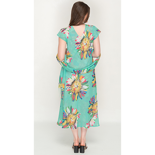 Sleeve Less Semi Long Green Floral Print 2 in 1 Reversible Dress For Women