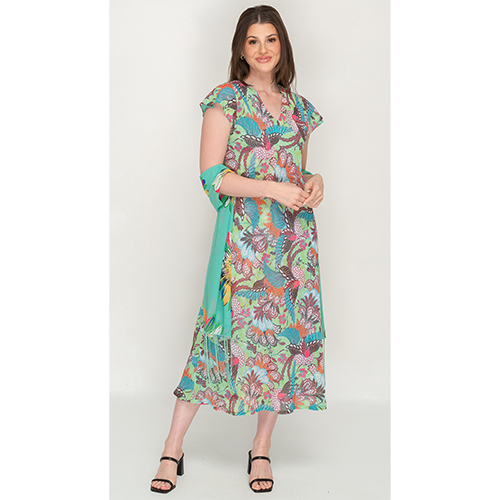 Sleeve Less Semi Long Green Floral Print 2 in 1 Reversible Dress For Women