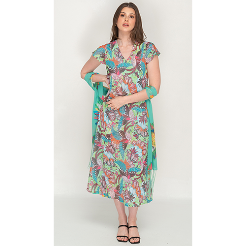 Sleeve Less Semi Long Green Floral Print 2 in 1 Reversible Dress For Women