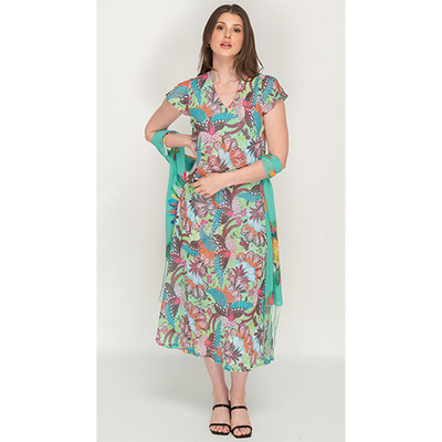 Sleeve Less Semi Long Green Floral Print 2 in 1 Reversible Dress For Women