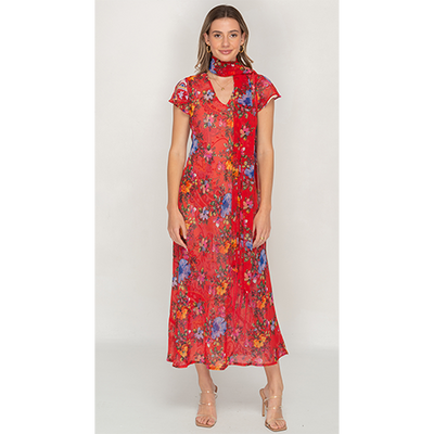 Sleeve Less Semi Long Red Floral Print 2 in 1 Reversible Dress For Women