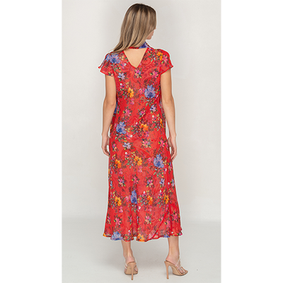 Sleeve Less Semi Long Red Floral Print 2 in 1 Reversible Dress For Women