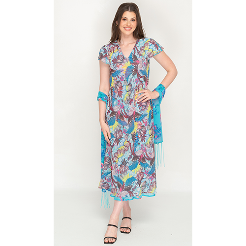 Sleeve Less Semi Long Bluish Floral Print 2 in 1 Reversible Dress For Women