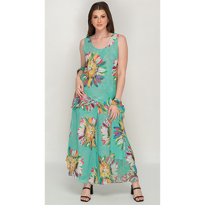 Sleeve Less Floral Printed Green Colored Reversible Pant For Women
