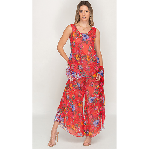 Semi-Long Red Floral Printed Reversible Pants set For Women