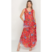 Semi-Long Red Floral Printed Reversible Pants set For Women