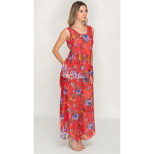 Semi-Long Red Floral Printed Reversible Pants set For Women