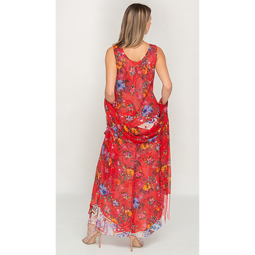 Semi-Long Red Floral Printed Reversible Pants set For Women