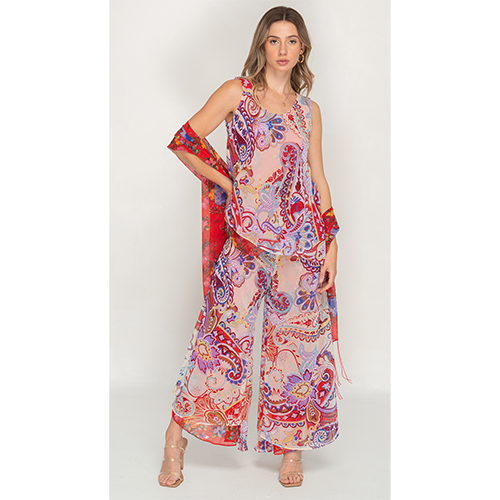 Semi-Long Red Floral Printed Reversible Pants set For Women