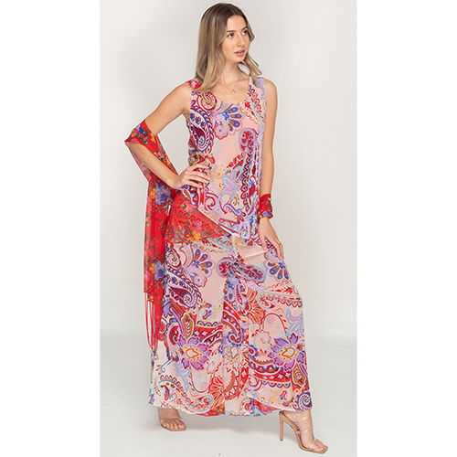 Semi-Long Red Floral Printed Reversible Pants set For Women