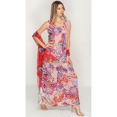 Semi-Long Red Floral Printed Reversible Dress For Women