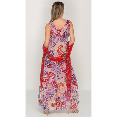 Semi-Long Red Floral Printed Reversible Dress For Women